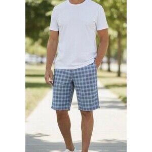 Tommy Bahama Men's Blue Plaid Nylon Seersucker Flat Front Golf Shorts  Size 35
